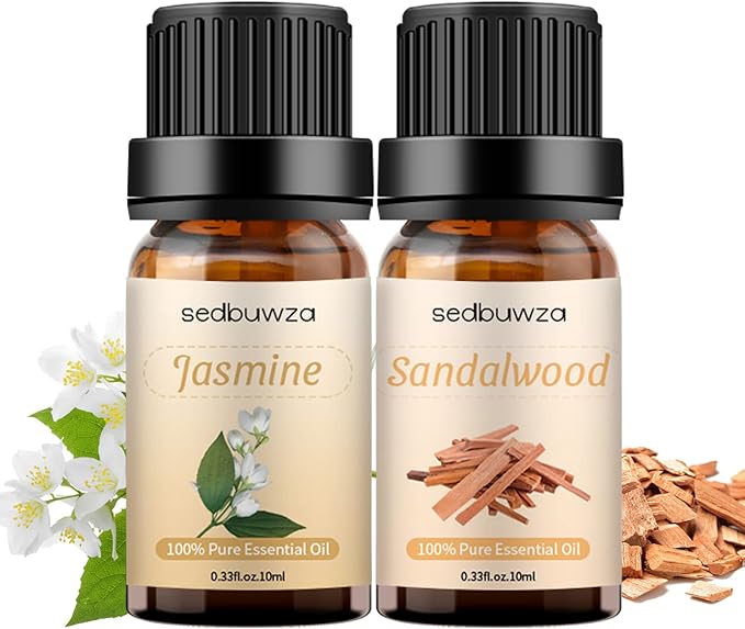 Sedbuwza Sandalwood Jasmine Essential Oil Set, Sandalwood Fragrance Oil Jasmine Scent Oil Set for Diffuser, Aromatherapy, Massage, Soap, Candle Making 2 x 10 ml Sedbuwza