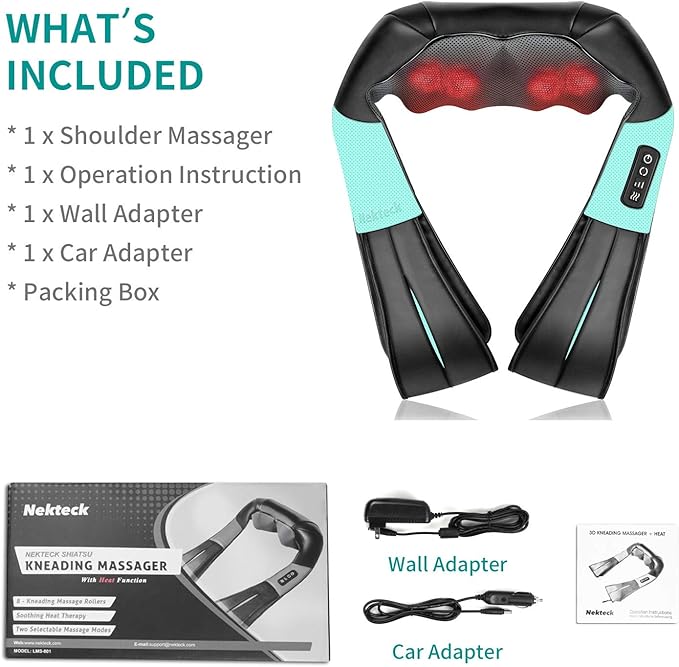 Nekteck Shiatsu Neck and Back Massager with Soothing Heat, Electric Deep Tissue 3D Kneading Massage Pillow for Shoulder Leg Full Body Muscle Pain Relief, Car Office and Home Use - Bloomnest