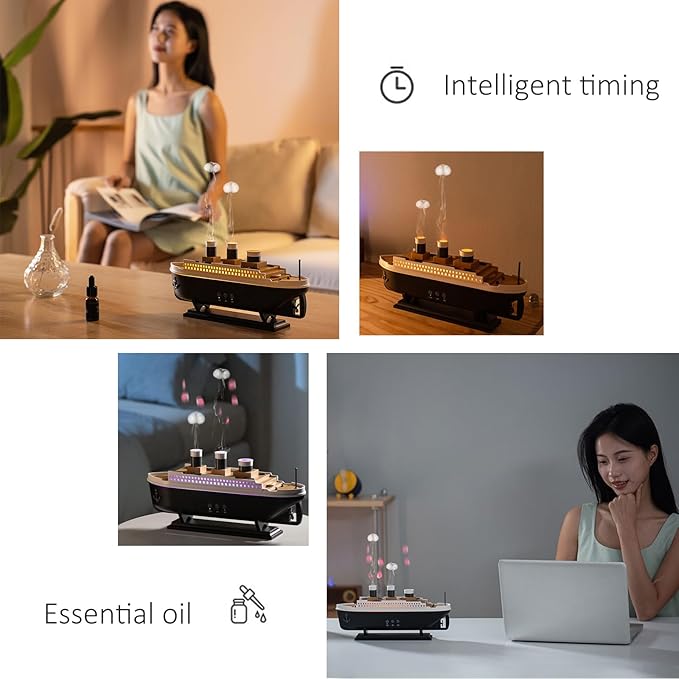 Essential Oil Diffuser, 250ml Ship Modelling Aromatherapy Ship Oil Diffuser Cool Mist Humidifier with Remote Control, Remote 2 Spray Mode Auto Shut-Off, 7 Color LED Light for Home Office(Black) - Bloomnest
