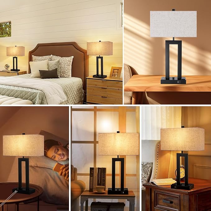 Modern Table Lamps Set of 2-22" Tall Bedside Lamps with USB-C/USB-A Charge Ports & Outlet, Stepless Dimmable Fabric Cream Shade Nightstand Lamps for Bedroom & Living Room - Bloomnest