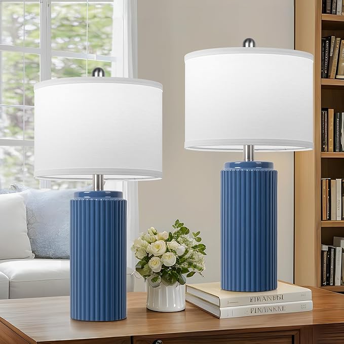 TOBUSA 23.5’’ Blue Table Lamps for Bedroom Set of 2, Modern Farmhouse Ceramic Bedside Nightstand Lamps for Living Room, Decorative Boho Ceramic Lamps Set for Home Office End Table Console, White Shade - Bloomnest
