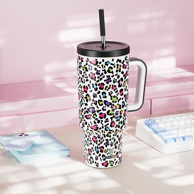 Meoky 40 oz Tumbler with Handle and Straw, Tumbler with Lid and Straw, Insulated Stainless Steel Travel Mug, 100% Leak-proof, Keeps Cold for 34 Hours or Hot for 10 Hours (Neon Leopard) - Bloomnest