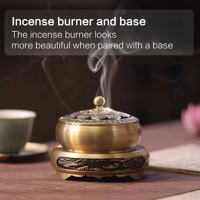 Brass Incense Burner Bowl, Lotus Shape, with Stick Holder & Incense net &Fire Cotton Incense Holder Cone Coil Incense Burner Ash Catcher with Lid for Indoor Office Décor, Handicraft Gifts,Censer - Bloomnest