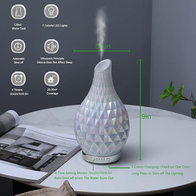 MAXWINER Essential Oil Diffuser Handmade Art Glass Aromatherapy Ultrasonic Humidifier with 7 Colors Lights Changing, Waterless Auto Shut-Off, Time Setting for Home, Office, Room 120ml (Diamond) - Bloomnest