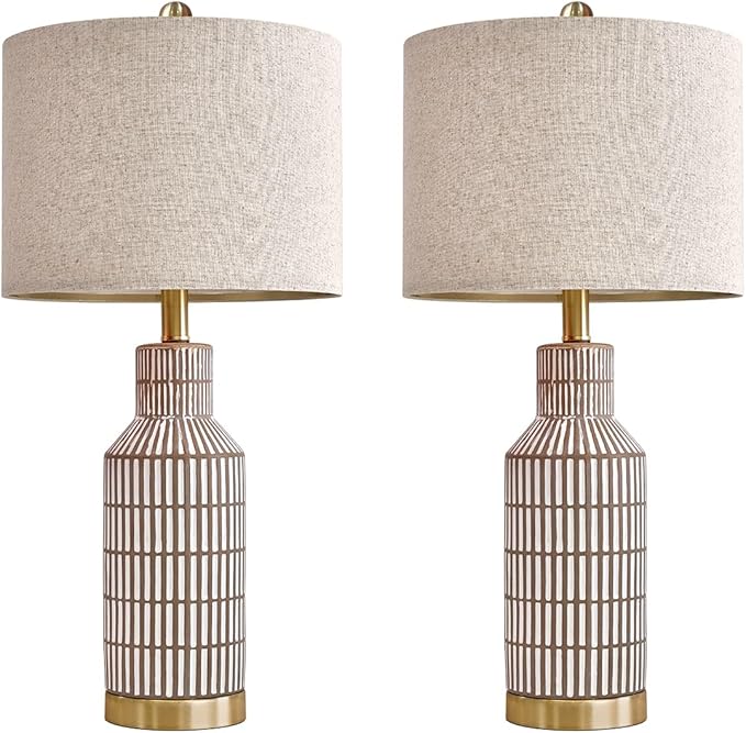 25" Table Lamps Set of 2, Modern Ceramic Bedside Lamps - Farmhouse Brown Nightstand Lamps for Bedroom, Boho Living Room End Table & Office Desk Decor - Bloomnest
