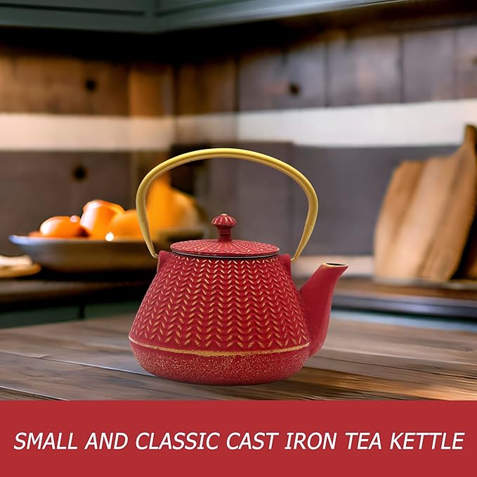 Small Cast Iron Tea Kettle for Stovetop Safe, Red Tea Pot Coated with Enameled Interior, Durable Teapot with Stainless Steel Infuser for Loose Leaf (1000ml/34oz) - Bloomnest