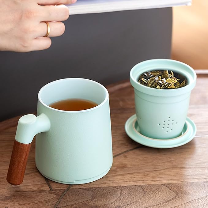 ZENS Tea Cup with Infuser and Lid for Loose Leaf Steeping, 16.9oz Embossed Ceramic Tea Infuser Mug, Wood Handle Tea Diffuser, Great Gift - Bloomnest