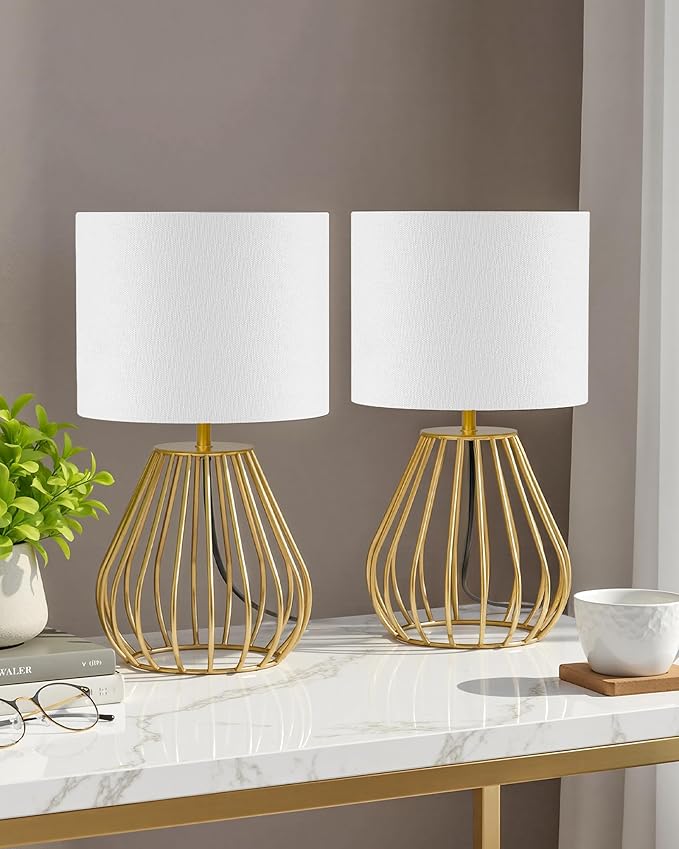 Gold Table Lamp Set of 2, Small Bedside Lamp with Gold Metal Base & White Linen Lampshade, Modern Nightstand Lamp, Little Cute Desk Lamp for Bedroom, 2700K LED Bulb Included DCW06TLP205 - Bloomnest