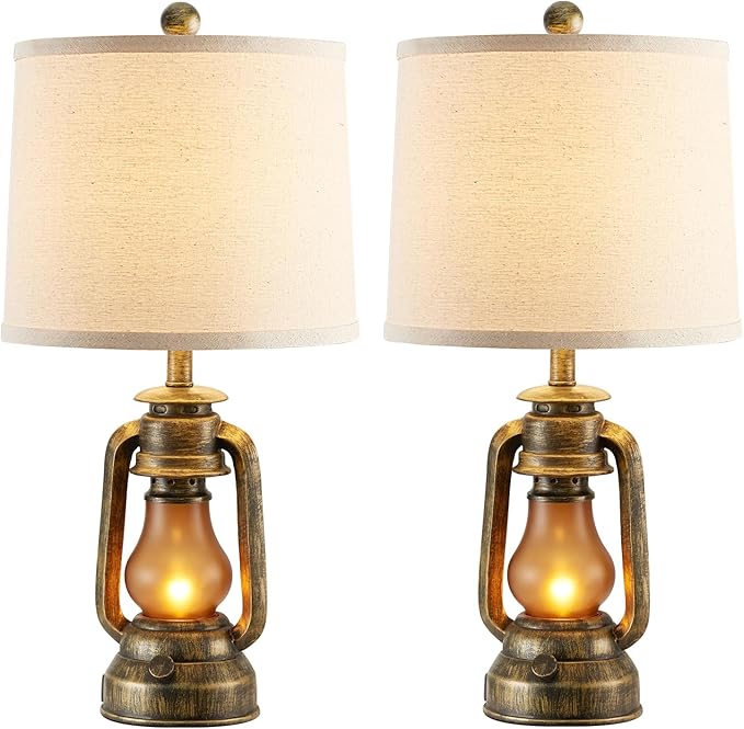 RORIANO Set of 2 Farmhouse Lantern Table Lamps for Living Room with 2 USB Charging Ports, Rustic Vintage Nightstand Lamps with Nightlight for Bedroom End Table Entryway, 4 Bulb Included - Bloomnest