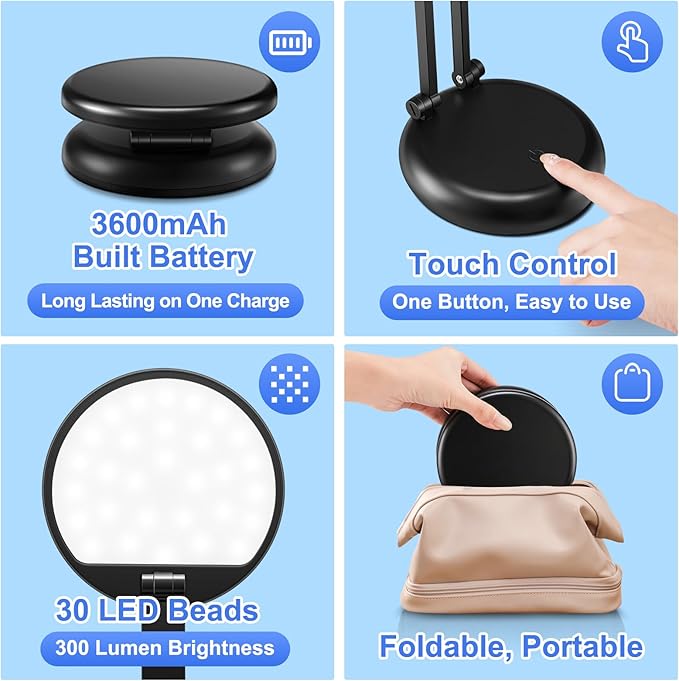 Desk Lamps for Home Office Rechargeable 3600mAh, Foldable+Portable Cordless Desk Light Small Table Lamp,Dimmable+9 Brightness Small Table Lamp Desk Light Table, LED Desk Lamps for Home Office - Bloomnest