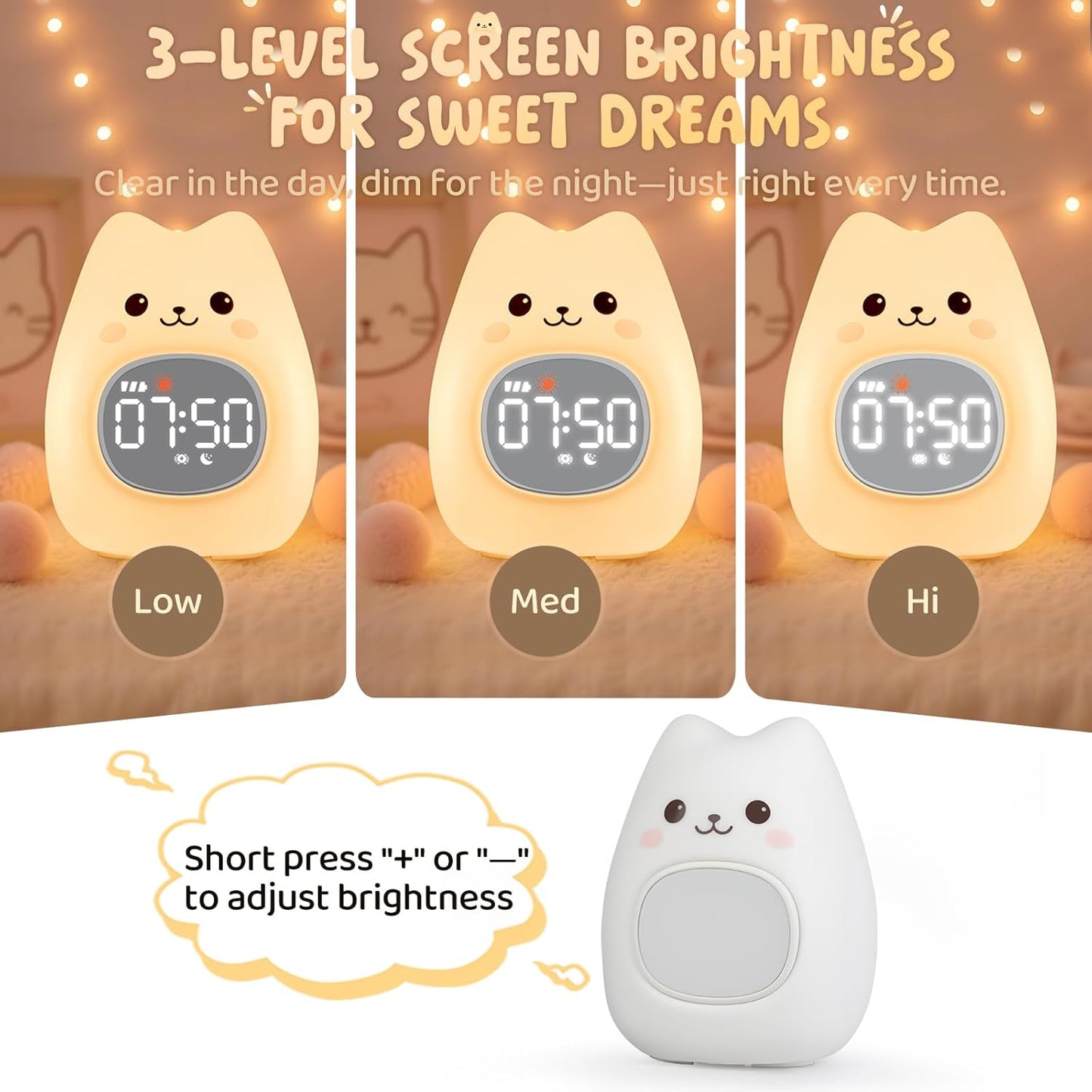 Cat Alarm Clock with Night Light for Kids with Sleep Training and Sound Machine, Rechargeable Silicone Lamp OK to Wake Clock,Cute Animal Tabletop Lamp, Perfect Sleep Companion for Boys Girls