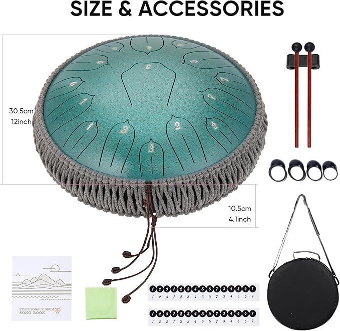 Steel Tongue Drum 12 Inch 15 Notes: Handpan Drums Set with Music Book Mallets Carry Bag - Hand Pan Instrument for Adults Musical Education Meditation Yoga Chakra (Green)