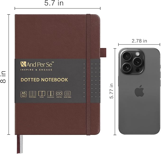 &And Per Se Dotted Journal Notebook, A5 Hardcover Leather Bullet Dotted Journal, 160 Pages 100 gsm Thick Paper, 3 Sheets of Stickers Included- 5.7'' x 8''(Chocolate)