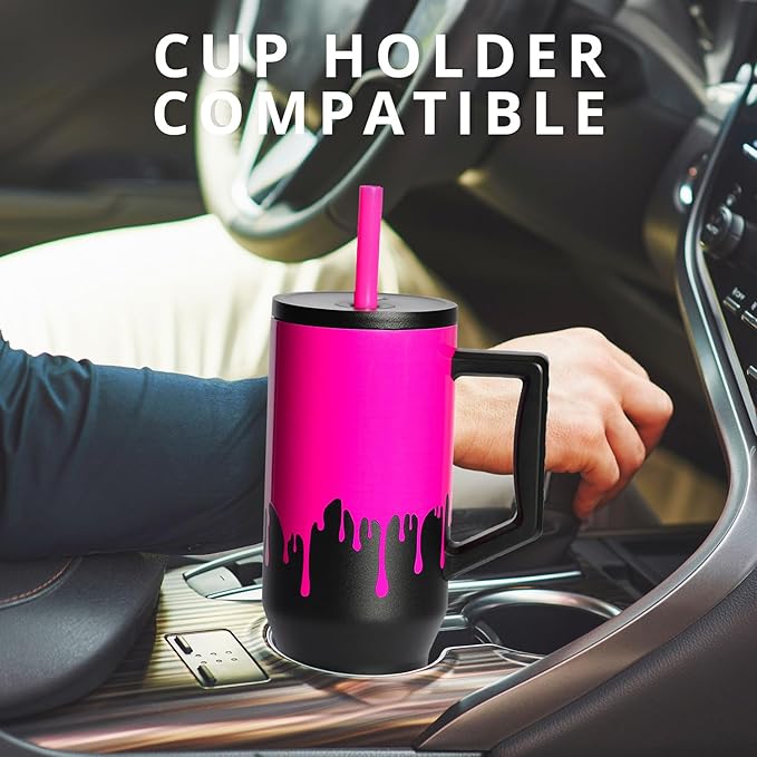 Elemental 40 oz Tumbler with Handle and Straw - Spill Proof Insulated Stainless Steel Commuter for Hot and Cold Beverages - Travel Coffee Mug with 2 Straws & Spill Proof Lid - 40oz - Hot Pink Drip - Bloomnest
