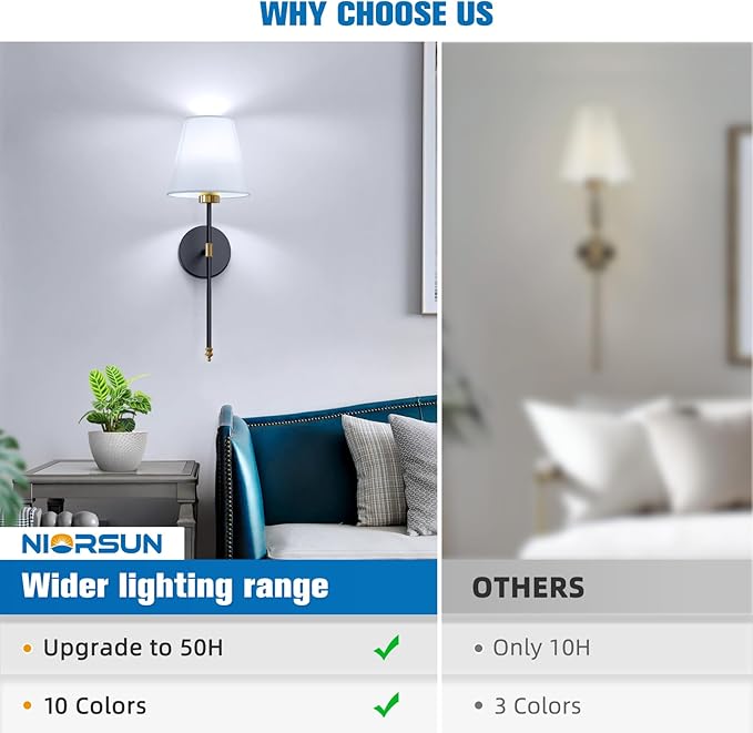 NIORSUN 19.9 inch Battery Operated Wall Sconce Set of 2,Gold-Black Rechargeable Wall Lights with 5200mAh Dimmable Detachable Bulbs and Remote,10 Colors Wireless Sconces for Bedroom Living Room Hallway - Bloomnest