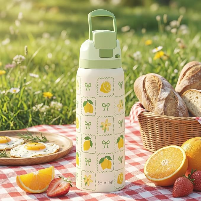 Lemon Stainless Steel Water Bottle, Vacuum Insulated, Push-Button Lid, 32 oz, Gifts for Women Girls Friends Teens Birthday Christmas SANDJEST