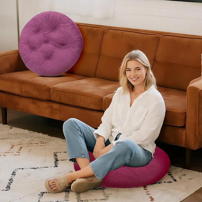 Meditation Floor Pillow Set of 2, Round Large Pillows Seating for Adults, Tufted Corduroy Cushion for Tatami Living Room, 22x22 Inch FP-Purple-R