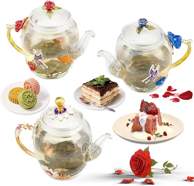 Glass Teapot -300 ml (10 oz) - Blue Rose Flower Butterfly Decoration Heat Resistant Glass Teapot Kettle Loose Leaf Teapot Tea Party Set (Blue) - Bloomnest