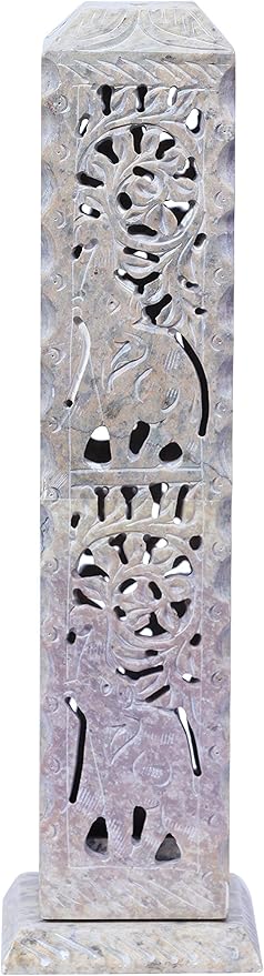 Crocon Handmade Incense Tower Burner Soapstone Leaf Design Tea Light Candle Holder | Incense Burner | Livingroom Decorative and Home Decor Best Gift Set - 3X3X11 Inch