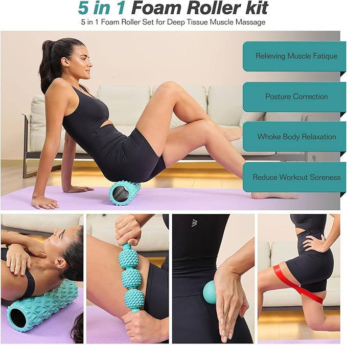 5 in 1 Foam Roller Set - Trigger Point Foam Back Roller, Muscle Roller Stick, Massage Ball, Stretching Band for Deep Muscle Massage Pilates Yoga,Fitness Exercise for Whole Body Release - Bloomnest