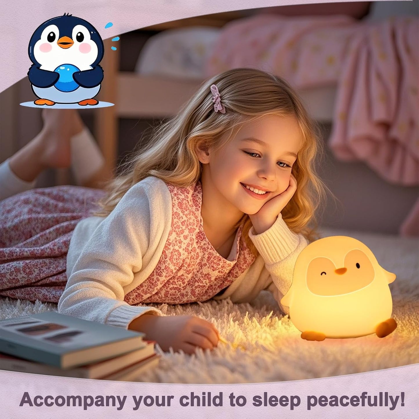 Penguin Night Light with Squishy Soft Silicone, RGB Flashing Color, Dimmable Rechargeable Portable Touch Penguin Gifts Decor for Girls Boys
