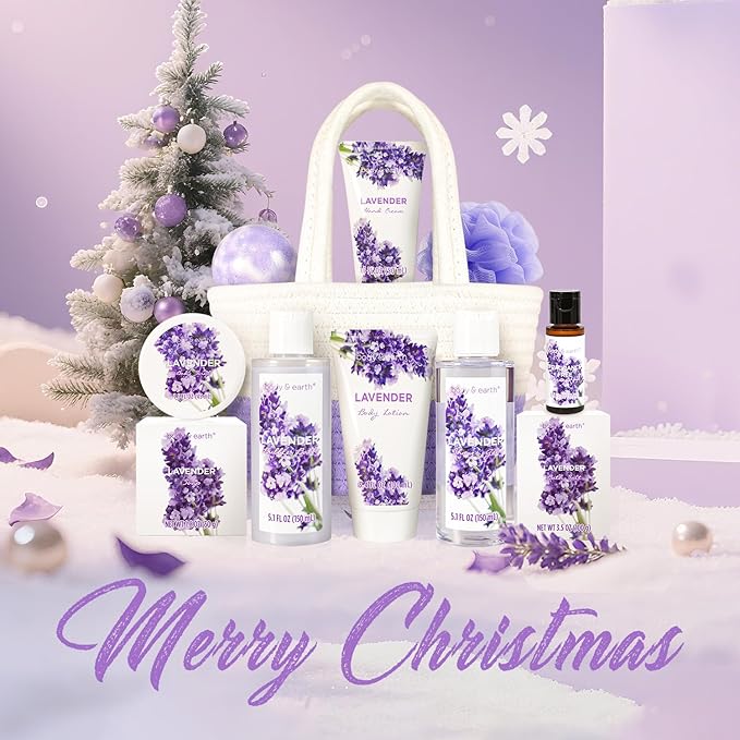 BODY & EARTH Spa Gift Baskets for Women 11pcs Lavender Gift Sets with Bubble Bath, Shower Gel, Body Lotion, Mom Birthday Gifts, Spa Kit, Purple Gift, Valentines Day Gifts for Her - Bloomnest