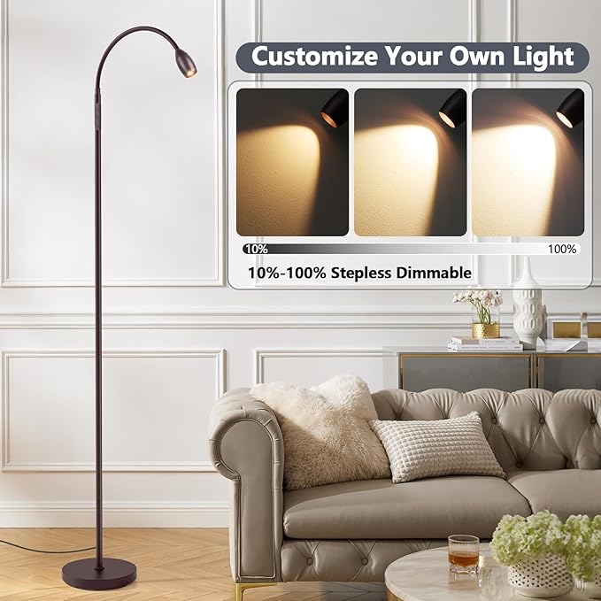 Reading Floor Lamp, 72" Tall LED Lamp with Flexible Gooseneck, Dimmable Zoomable Spotlight, Adjustable Color Beam Standing Lamp, Touch & Remote Control, Task Craft Living Room (Oil-Rubbed Bronze) - Bloomnest