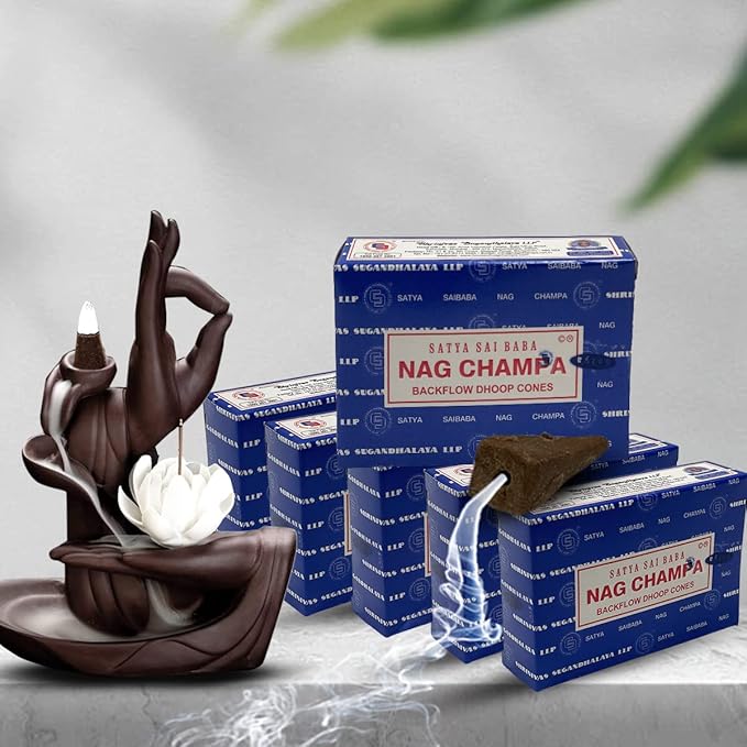 Nag Champa Backflow Incense Cones for Waterfall Aromatic Smoke Fountain Haze Falls and Mat Bundle - Pack of 6 TRUMIRI