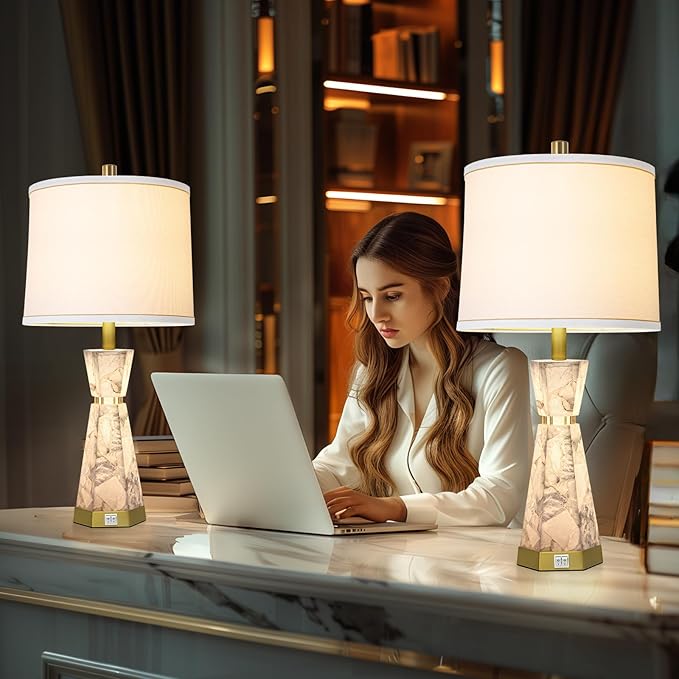 Natural Alabaster Table Lamp,Living Room Lamps Set of 2,Nightstand Lamp with Night Light,Lamps for Living Room With Linen Fabric Shade,Bedside Lamp with Usb A+C Ports for Bedroom,Hotel(Bulb Included) - Bloomnest
