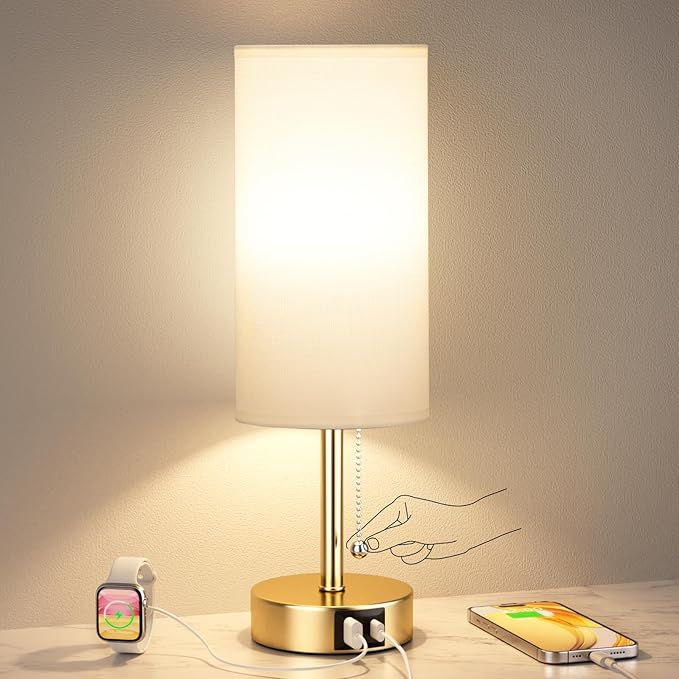 Gold Bedside Lamp for Bedroom Nightstand - Small Table Lamp with USB A + C Charging Port, 3 Color Temperatures Pull Chain Night Stand Light, Side Table Desk Reading Lamp for Living Room/Dorm Room - Bloomnest
