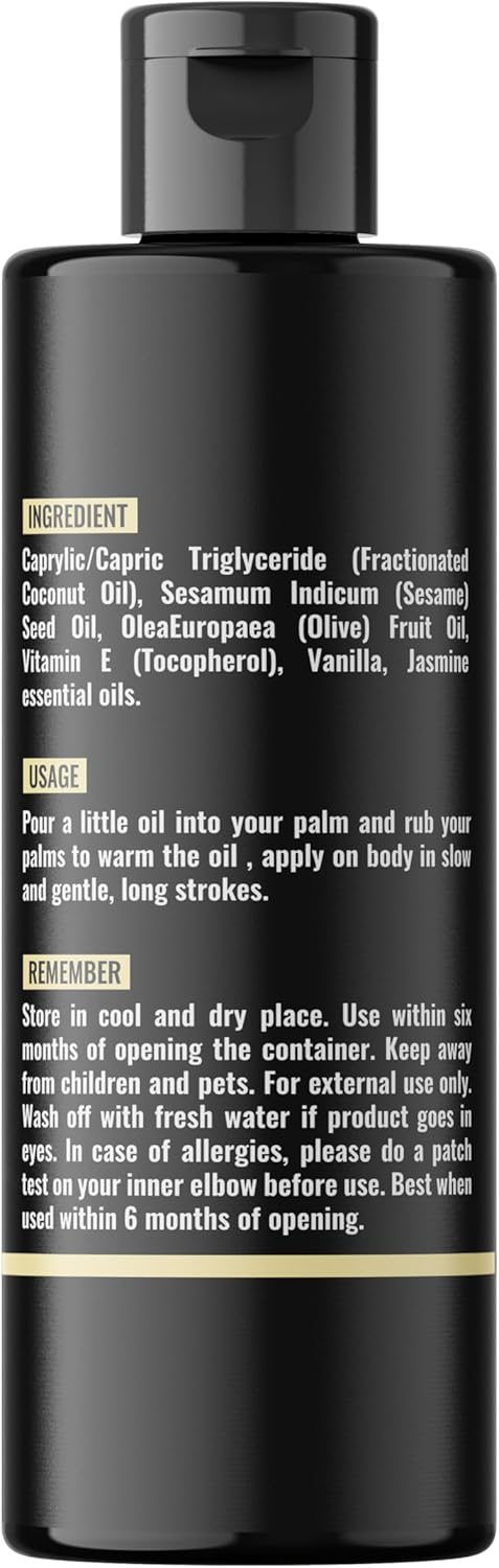 Organic - Vanilla Full Body Massage Oil - No Stain & Non-Sticky | with Fractionated Coconut Oil, Vanilla & Jasmin Oil | for Massage Therapy - 4.05 Fl Oz