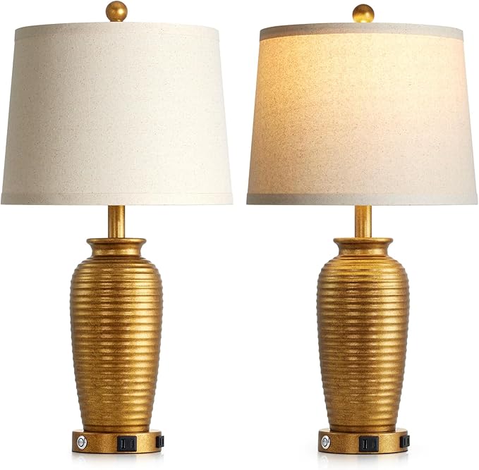 25" Retro Gold Farmhouse Jar Table Lamps Set of 2, 3 Way Touch Control Rustic Bedside Lamps with USB A+C Ports & AC Outlet, Pot Nightstand Lamps for Bedroom Living Room (LED Bulbs Included) - Bloomnest