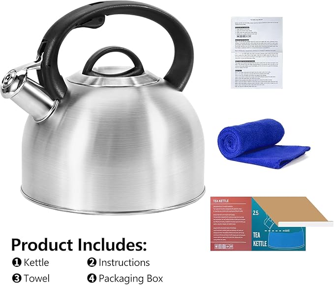 Whistling Stovetop Tea Kettle, 3L Food-Grade 304 Stainless Steel Teapot, Ergonomic Handle,Hot Water Quick Boil,All Metal Stove Kettle Rust Resistant and Durable,With Anti-Scald Towel(Silver) - Bloomnest