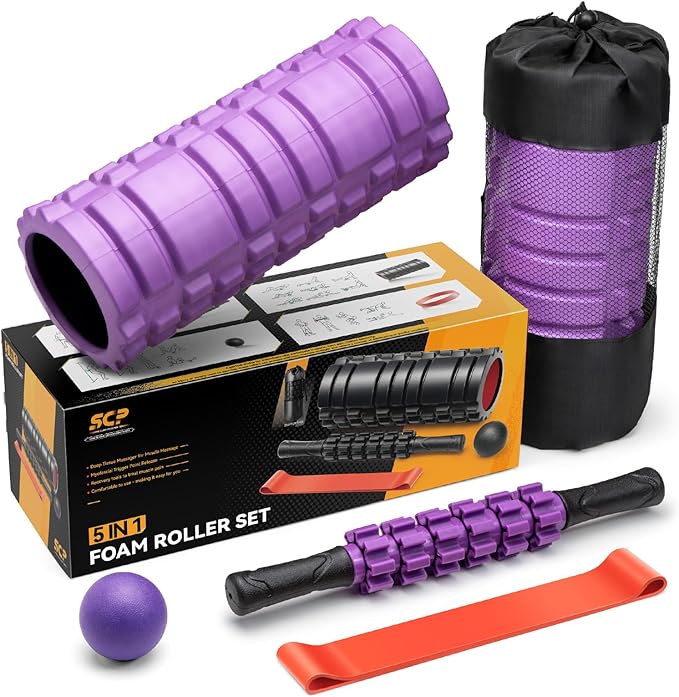 5 in 1 Foam Roller Set for Deep Tissue Muscle Massage, High Density Trigger Point Fitness Patented Exercise Foam Roller, Massage Roller, Massage Ball, Resistance Band, for Whole Body(Purple) - Bloomnest