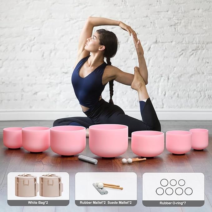 CVNC 432HZ 6-12 Inch Pink Color Frosted Quartz Crystal Singing Bowls Chakra Set of 7 with Carry Case Bags for Sound Healing and Meditation - Bloomnest