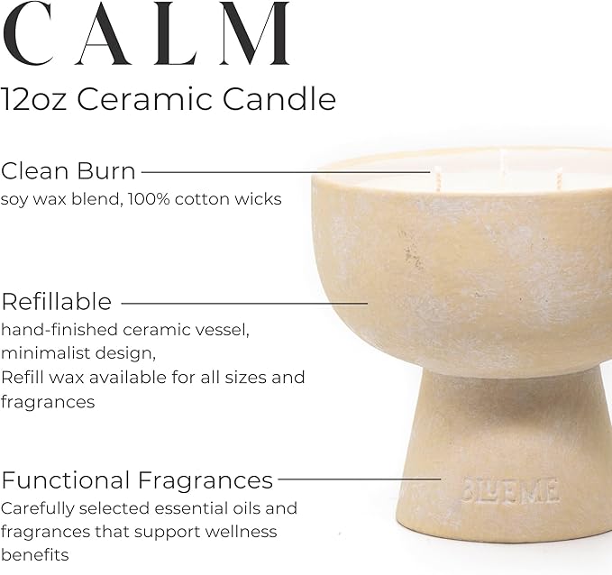 BLUEME Calm - Osmanthus & Sandalwood, Luxury Candle w/Essential Oils, 3 Wick, Hand-Poured Soy, Cotton Wick, Ceramic - Bloomnest