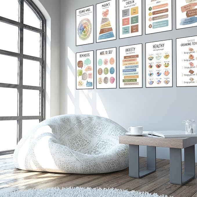 Qaxrocyn 12 Pcs Mental Health & Emotional Regulation Poster for Anxiety Relief & Self Care, 10 * 14″ Colorful Psychological Wellness Wall Art Decor for Office Classroom Home Counseling (Style A) - Bloomnest