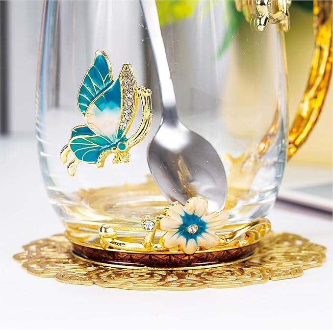 Flower Tea Cup,Butterfly Daisy Glass Fancy Coffee Mug with Spoon,Gift Box for Her Mom Wife Grandma Girls Friends Valentines Christmas Birthday Present Idea for Juice,Hot/Cold Drinks Use - Bloomnest