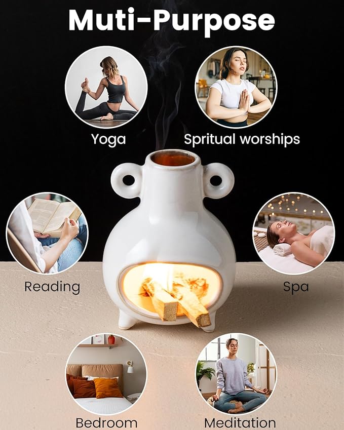 Mini Palo Santo Holder Burner, Ceramic Incense Holder for Sticks Sage Bundles Cone Incense, Chimenea Incense Dish for Yoga Meditation Home Decor, White - Bloomnest