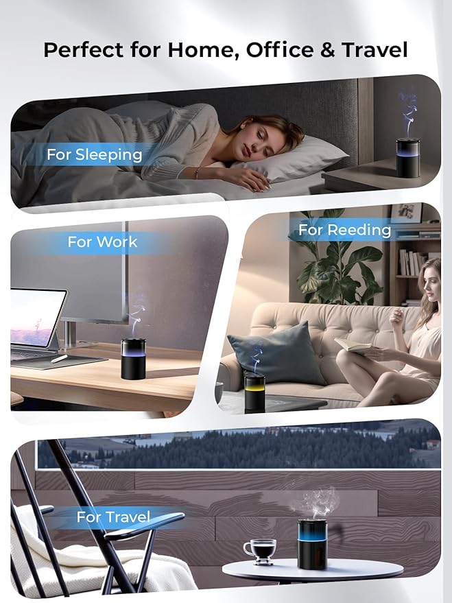 Waterless Diffuser for Essential Oil: Mini Battery Scent Diffuser for Room&Home&Car with 9 Colors LED Light - Aroma Cool Mist Machine Purple Black - Bloomnest