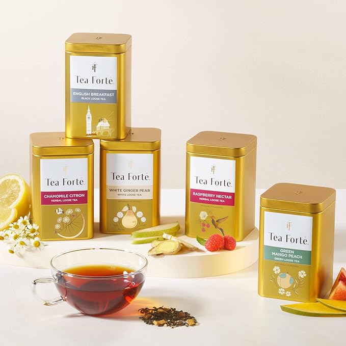 Tea Forte Green Mango Peach Premium Loose Leaf Caffeinated Green Tea Blend Canister, Makes 35-50 Cups