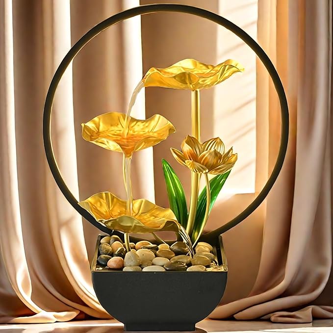 Tabletop Water Fountain with Led Light, Gold Lotus Waterfall Fountain Indoor 11 in USB Powered Flower Waterfall Zen Table Fountains with 1 Replacement Water Pump - Bloomnest