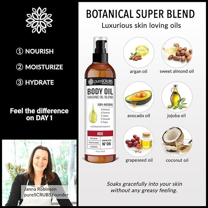 pureSCRUBS Ultra Moisturizing Rose Body Oil Spray for Dry Skin, Massage, Cuticles & More, Organic Super Blend of Jojoba, Argan, Coconut, Sweet Almond & Avocado Oils Enriched with Vitamin E, Lg 4oz - Bloomnest