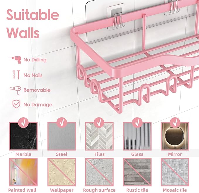 Shower Caddy Adhesive Shower Organizer 7-Pack, Rustproof Stainless Steel Bathroom Shelves, Large Capacity No-Drill Rack Storage Accessories with Soap Dish Toothbrush Holder Hooks - Bloomnest