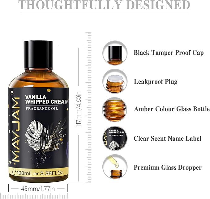 Vanilla Whipped Cream Fragrance Oil Essential Oil, MAYJAM 3.38FL.OZ Vanilla Whipped Cream Oil for Diffusers for Home, Long Lasting Scented Oils for Soap Candle Making - 100ML MAYJAM