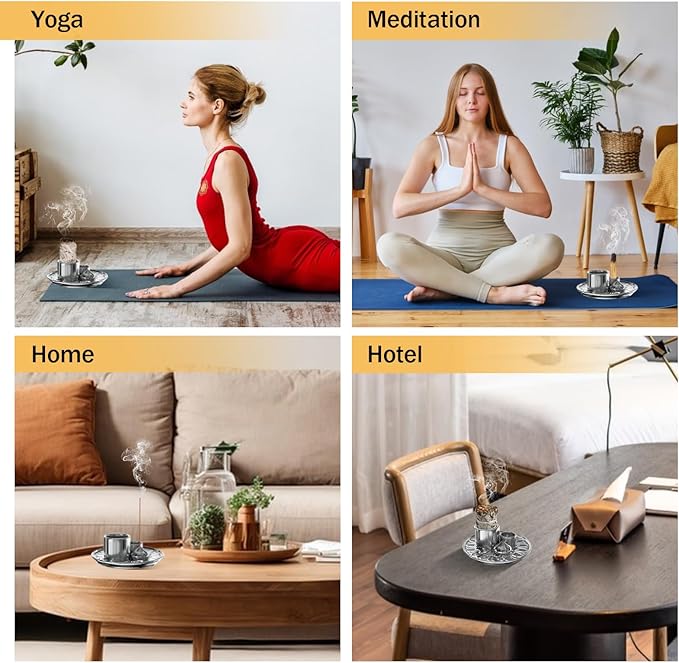 Palo Santo Holder - 4 in 1 Incense & Candle Holder - Ceramic Incense Holder Ash Catcher Tray for Meditation Room - Easy to Clean (Silver)