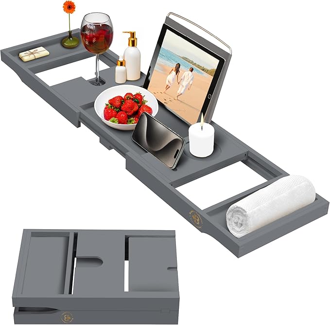 Wooden Bathtub Tray - Foldable & Expandable Bamboo Bath Tray for Tub with Wine Holder, Book & Tablet Stand - Bath Caddy Tray for Bathtub, Spa Bath Accessories, Tub Tray Table, Gift Idea for Her (Gray) - Bloomnest