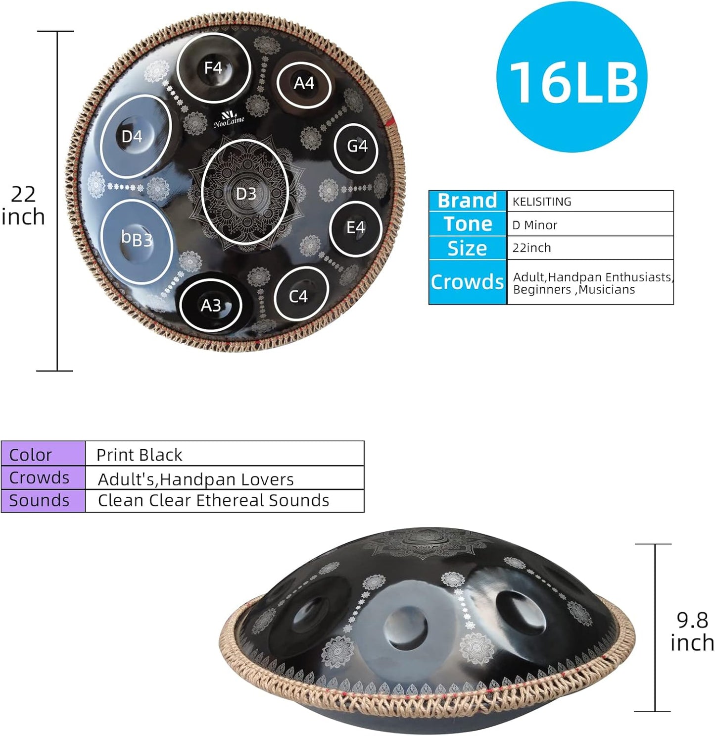 432HZ Handpan Set-Premium 22 Inches 9 Sounds D Minor Steel Hand Pan,Handpan Drum Instrument for Adults,Print Black