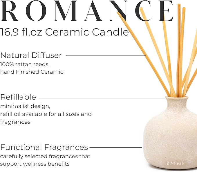 BLUEME Romance-Oakmoss & Sandalwood, 16.91 Fl Oz Wellness Diffuser, Contains Essential Oil, Sustainable, Hand Finished, Premium, Luxury Ceramic, Natural Rattan Reeds - Bloomnest