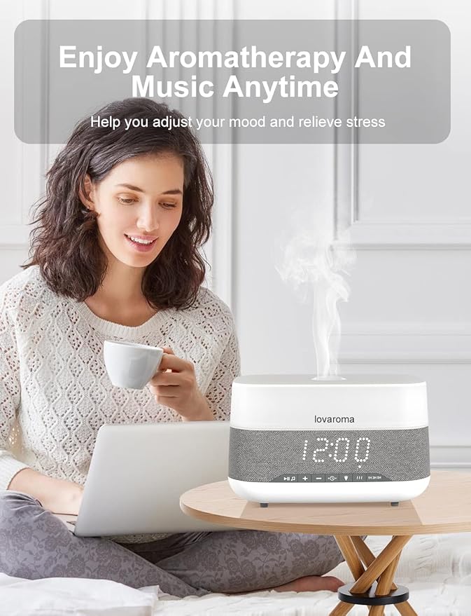 Versatile Essential Oil Diffuser, 300ml Aroma Diffuser with Bluetooth Speaker and Alarm Clock, 7 Colors LED Light Aromatherapy Diffusers & Cool Mist Humidifier 3-Level Brightness, Auto-Off Protection - Bloomnest